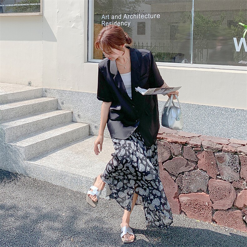 轻熟风韩系轻奢西装套装女夏新款高级感气质显瘦印花半身裙两件套,女装套装/套裙,2C285