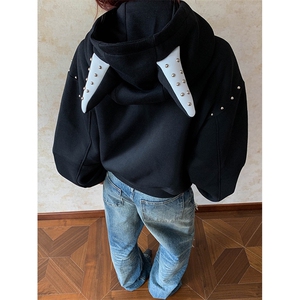 抖音得物高品质 26春装美式高街铆钉杜宾犬耳朵开衫卫衣外套W125图片
