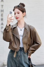 2024年春款复古翻领高腰拉链夹克短款休闲百搭皮衣外套潮，女装短外套，瑶迪依秀