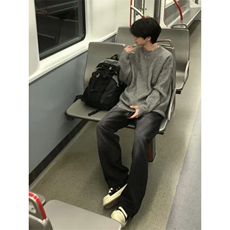 灰色破坏风毛衣男秋冬季潮牌痞帅慵懒cleanfit宽松内搭针织打底衫，男装T恤，四季星座505