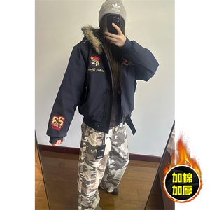 现货高品质美式高街重磅刺绣座山雕大毛毛领棉衣男女加厚棉服外套图片