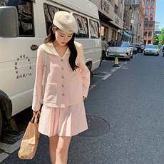 学院风甜美穿搭粉色海军领jk外套装女春秋独特漂亮百褶短裙两件套，女装套装/套裙，2C088