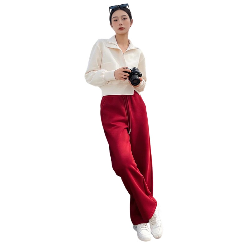 韩版时尚气质套装女春新款修身显瘦杏色立领短款卫衣阔腿裤两件套,女装套装/套裙,2C310