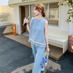 氛围感减龄蓝色休闲裤套装女夏2025新款两件套韩系穿搭爆款巨好看图片