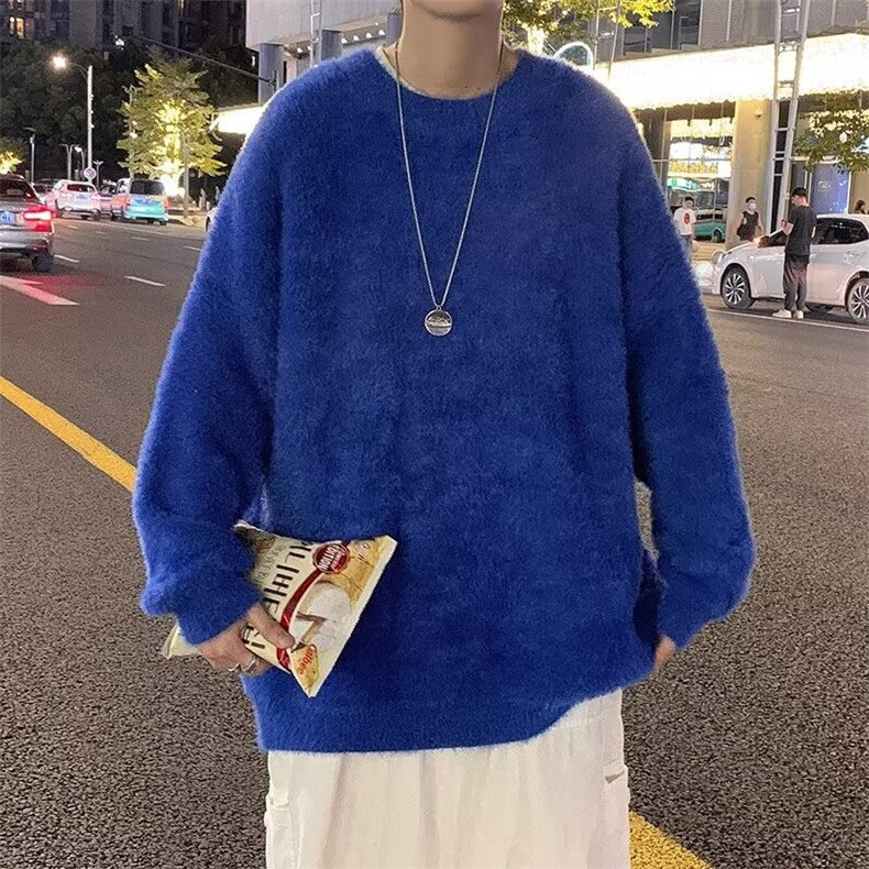 宽松慵懒风针织衫简约纯色圆领白色毛衣男韩版潮流图片