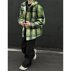 WY10097-P55加绒P65冬季撞色格子连帽大码休闲百搭卫衣外套男，女装短外套，电商A059