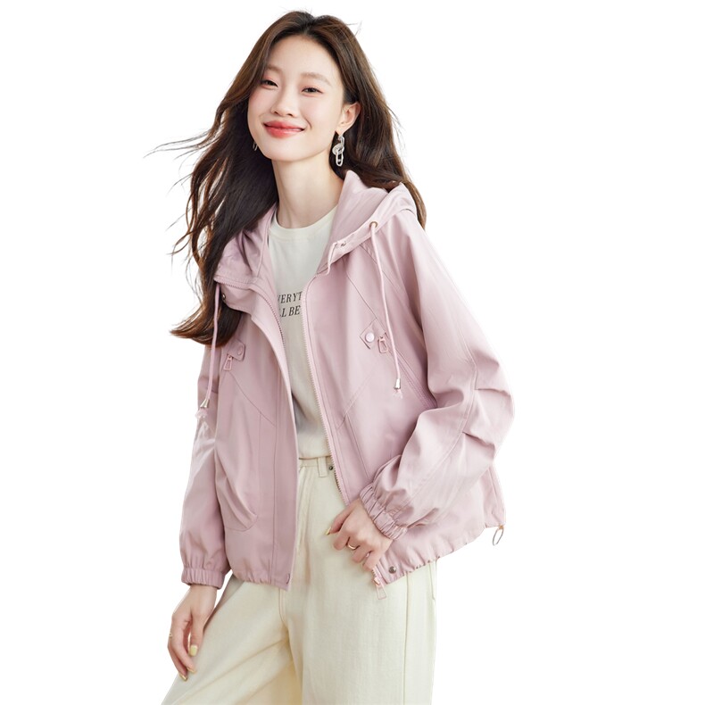 洋气粉色连帽短款风衣外套女2025秋季新款宽松休闲派克服夹克上衣,女装短外套,慕咨