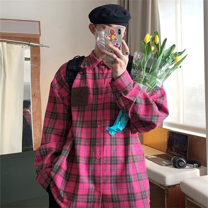 日系潮流设计感格子衬衫男复古宽松休闲长袖衬衣外套CS258-P38,男装衬衫,星座208-5