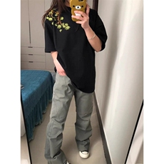美式复古山茶花语刺绣t恤男女款夏季潮牌高街黑色潮半袖女TX04，男装T恤，星座1116A（原606A-3）
