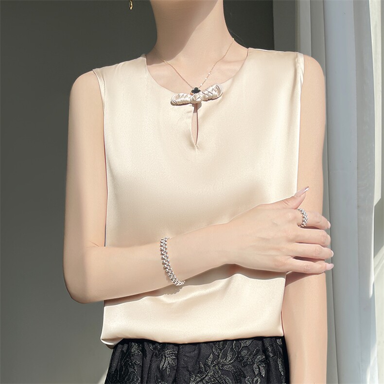 白色真丝背心女春季国风新中式西装内搭显瘦吊带无袖打底衫上衣，女装背心吊带，圣丽羊绒