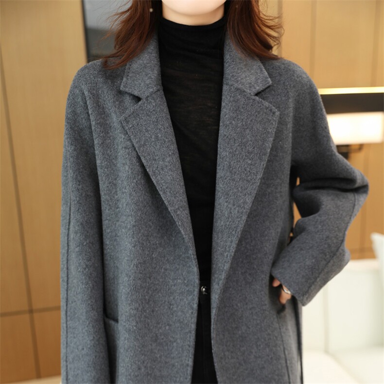 时尚百搭黑色羊毛大衣女秋冬季新款修身显瘦西装领外套保暖防风,女装双面呢大衣,赛欧妮