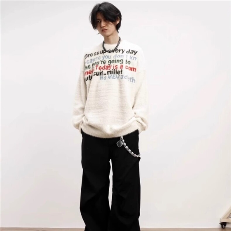美式慵懒风字母提花毛衣男宽松水貂毛软oversize针织衫MY121 P43图片
