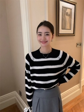 新款女圆领条纹插肩加厚针织衫宽松百搭外穿毛衣，女装针织衫/毛衣，玛卡隆羊绒
