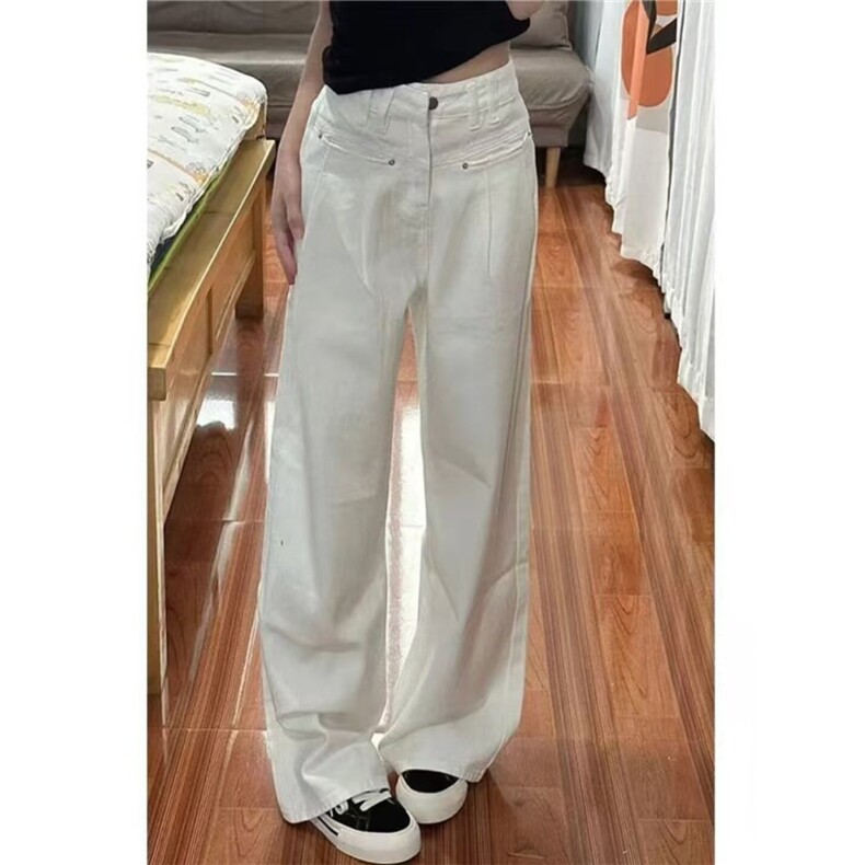 白色牛仔裤女2025夏季新款褶皱高腰垂感直筒裤拖地裤休闲阔腿长裤,男装牛仔裤,星座1210-1