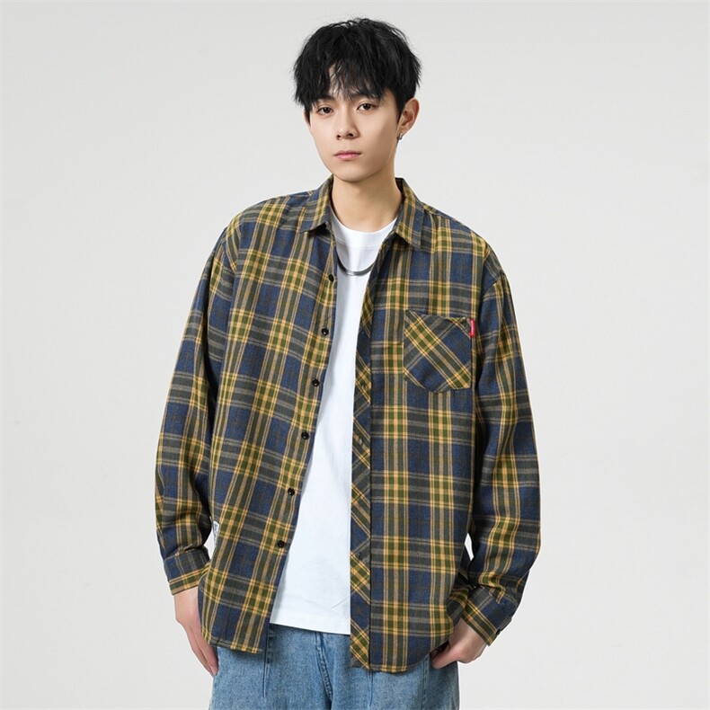 25年春季格子长袖衬衫得物二开衬衣宽松现货DS-C323-1-2111-T批28,男装衬衫,电商C323-1