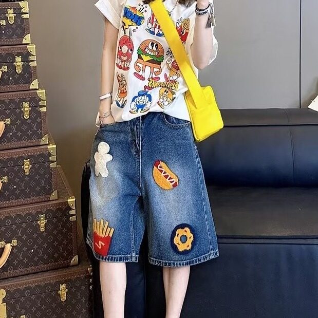 D3126-P45美式创意牛仔短裤男女潮牌高街直筒五分裤-网图现货图片