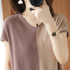 薄款针织短袖女2025春夏宽松拼色V领落肩衫纯棉麻背心棉麻内搭T恤，女装针织衫/毛衣，秋双羊绒