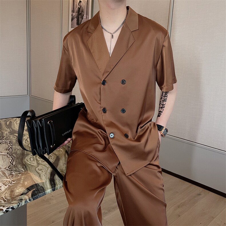 夏季绸缎薄款休闲西服套装男短袖衬衣长裤两件套TZ217-P130控165,男装T恤,电商B267