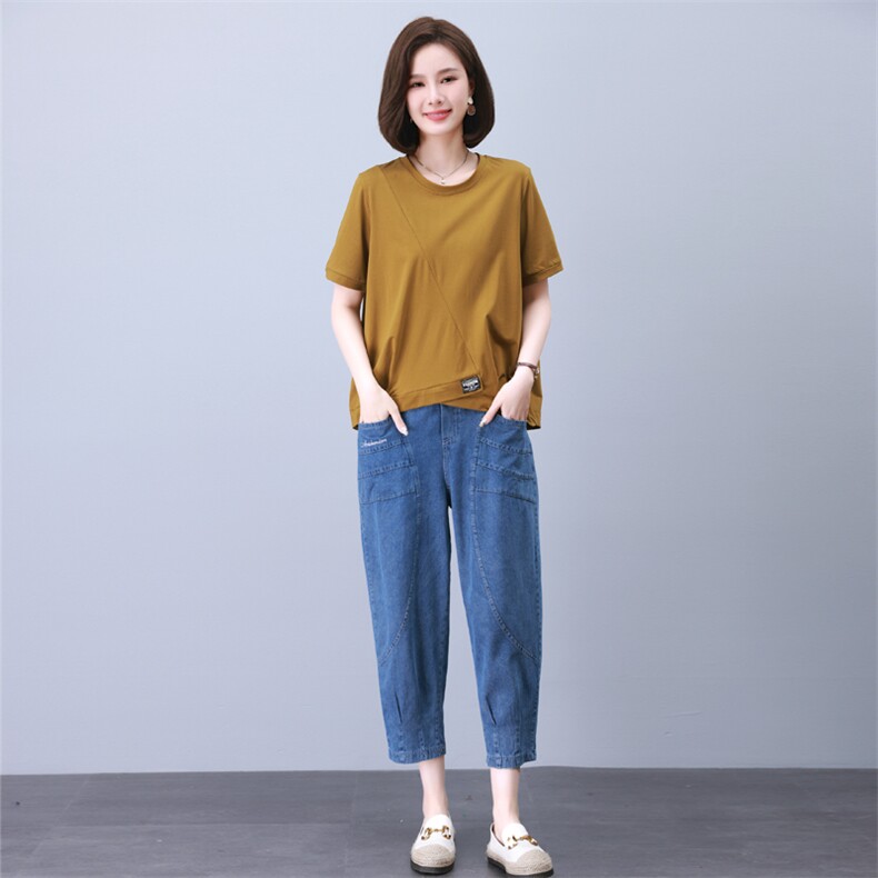 胖MM冰丝牛仔套装夏薄款宽松大码女装休闲中年妈妈装哈伦裤两件套,女装套装/套裙,叶笙衣