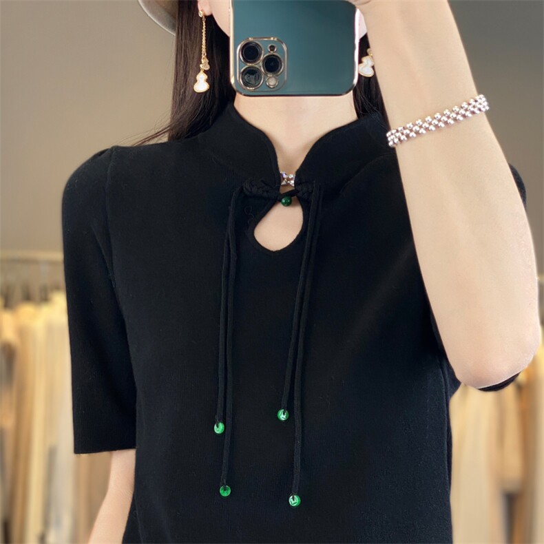 2025秋夏新款旗袍领镂空国风精纺羊毛短袖女纯色复古气质优雅百搭，女装针织衫/毛衣，大美人包芯纱店