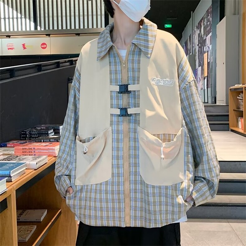 假两件外套男春秋韩版宽松夹克百搭港风ins情侣格子衬衫W3504-P55,男装夹克,星座512-2