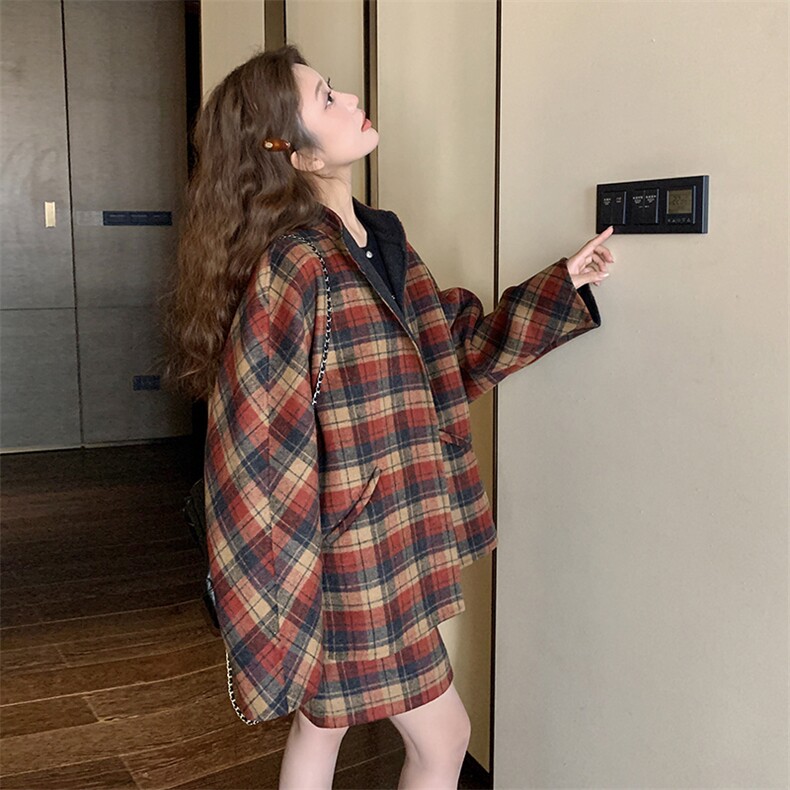 韩版复古格纹外套两件套装女2025年秋冬季新款显瘦上衣半身短裙子,女装套装/套裙,2C262