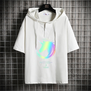 LD54138-P45 连帽短袖t恤男大码胖子带帽五分袖中袖 网格挂拍图片