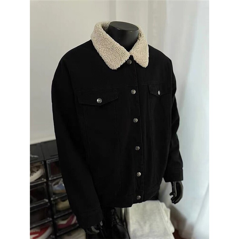 黑色羊羔毛牛仔外套男款春秋季加绒痞帅翻领夹克美式复古牛仔棉服，男装工装外套，星座813-2