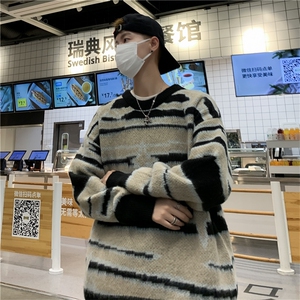 B208-P48 秋冬美式潮牌撞色软糯毛衣男慵懒风圆领宽松休闲针织衫图片