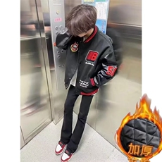 潮高街徽章刺绣pu皮拼接夹克男女青少年学生百搭潮流棒球服，男装夹克，四季星座505