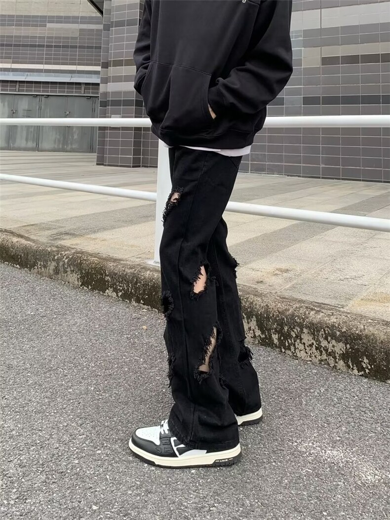 美式复古破洞微喇叭黑色牛仔裤男高街NT201P40,男装牛仔裤,星座1116-2