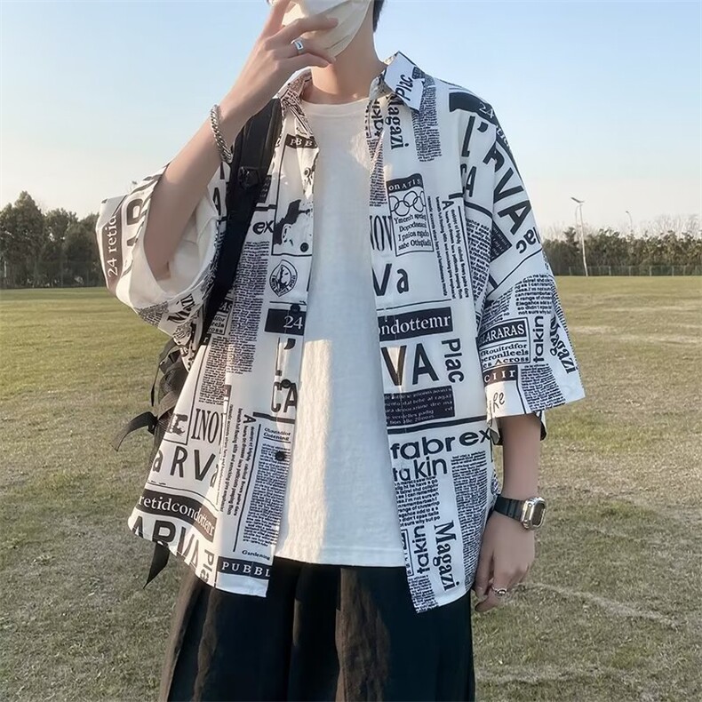 日系五分袖春夏季新款衬衫潮流慵懒男方领宽松型衬衫C260P30,男装衬衫,星座1116-2