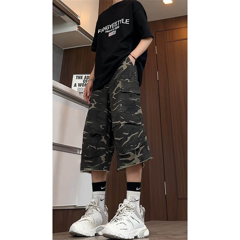 B221美式ins高街宽松直筒七分牛仔裤工装迷彩短裤LK24198-P55控78,男装牛仔裤,电商B221