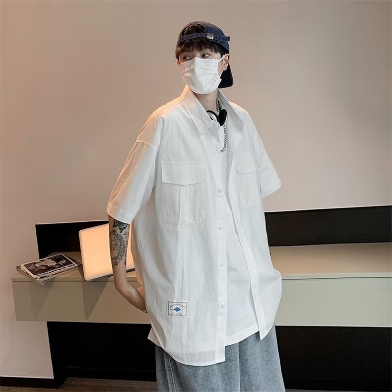 工装短袖衬衫男士夏季2023新款美式潮牌潮流白色衬衣CS57P33,男装衬衫,星座1116-2