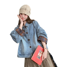 【现货】格纹袖口拼接短款牛仔外套--W511P145K198，女装短外套，2C209