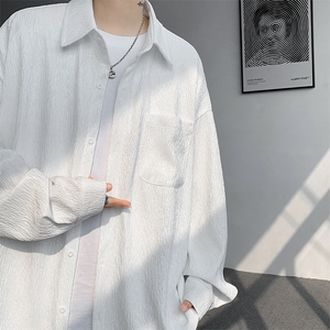 肌理感长袖衬衫男春秋季2024新款美式潮流设计感宽松大码纯色衬衣图片