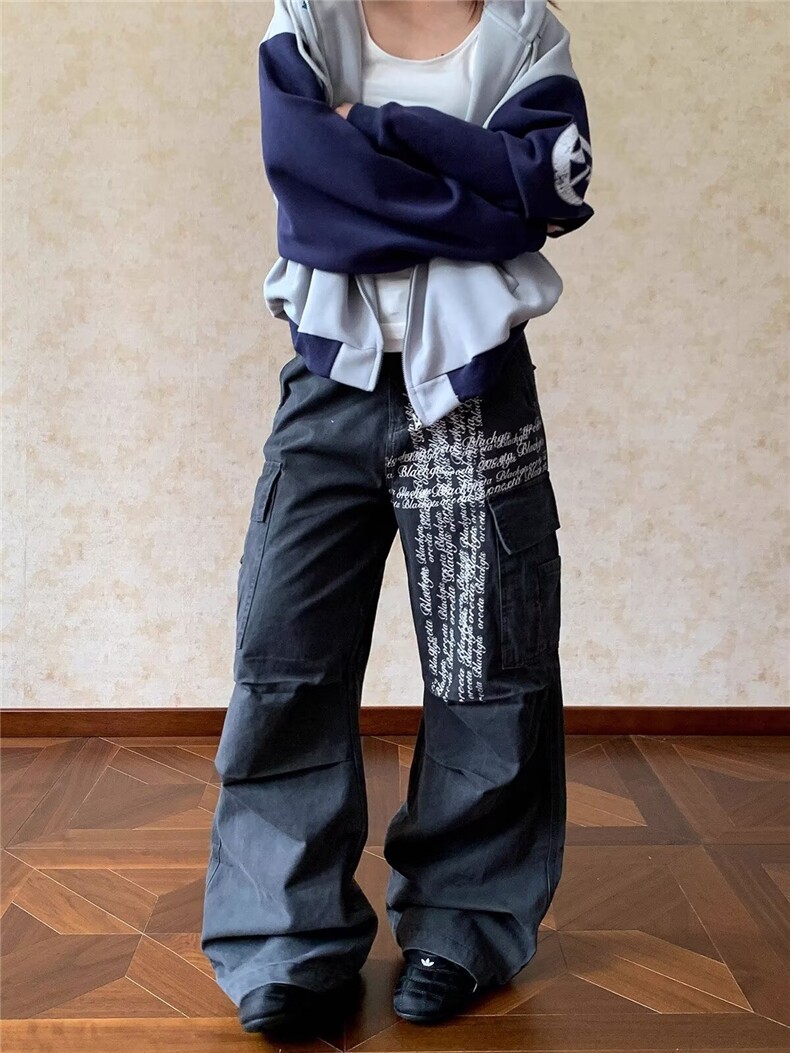 美式复古慵懒松弛宽松字母印花百搭直筒裤男女休闲宽松阔腿拖地裤图片