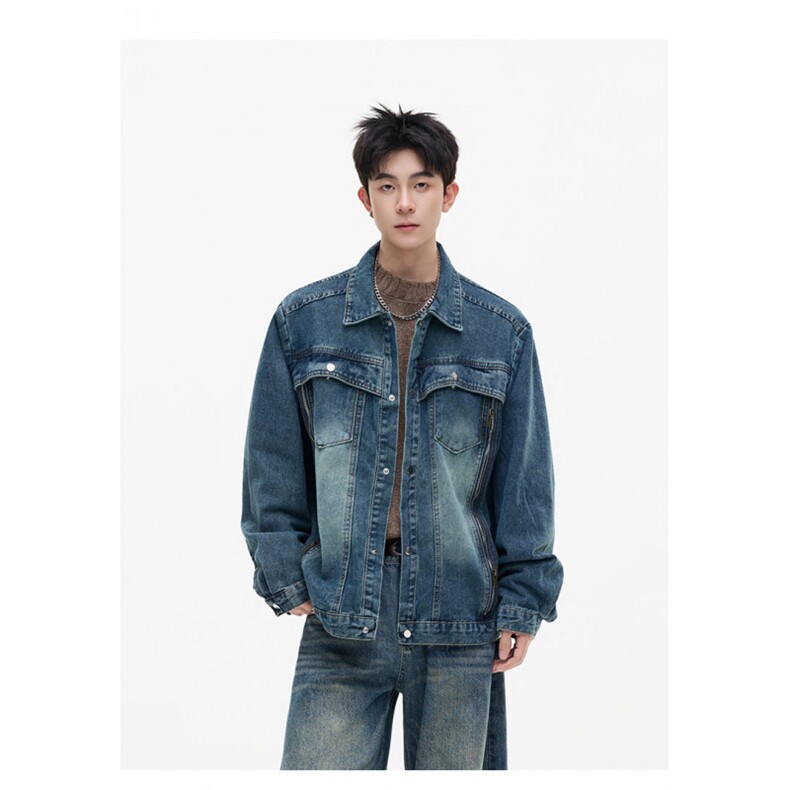 港风秋款男牛仔夹克衫渐变色拉链宽松休闲外套JK4004P75,男装夹克,星座1013-1
