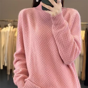 秋冬新款100%羊毛针织打底衫女半高领菱形加厚毛衣宽松显瘦羊绒衫图片