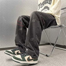 高街牛仔裤男女宽松秋冬刺绣阔腿裤设计感美式vibe裤子N1533-P43，男装牛仔裤，星座1008
