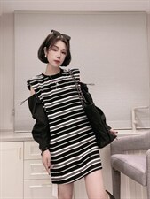 条纹拼布连衣裙ＭL，女装连衣裙，可纳奇