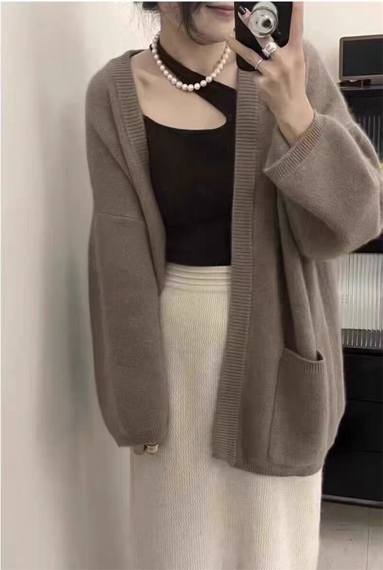 秋季新款舒适显瘦时尚百搭无扣大口袋针织开衫,女装羊毛衫,恒恩羊绒
