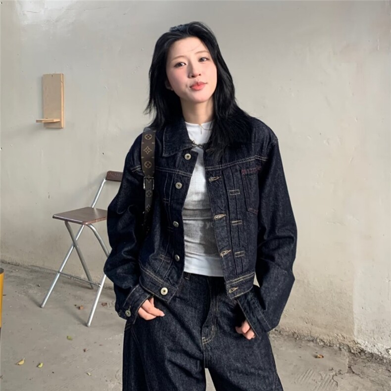 工装风短款牛仔外套女秋季复古情侣通勤翻领夹克衫LF40100-P67图片