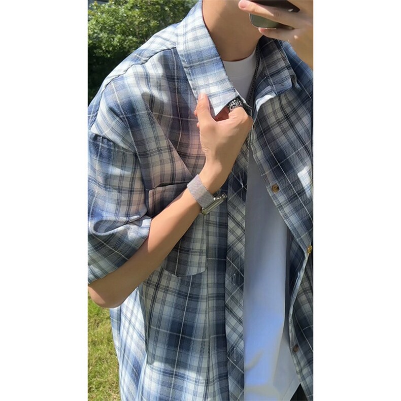 藏青格子短袖衬衫男款夏季薄款格纹撞色衬衣少年感穿搭五分袖外套,男装衬衫,电商A007