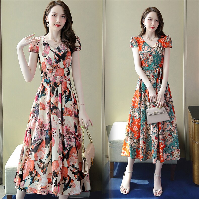 大码女装新款夏季南法花柄印花V领雪纺裙胖妹妹时尚洋气质连衣裙，女装连衣裙，罗得堡