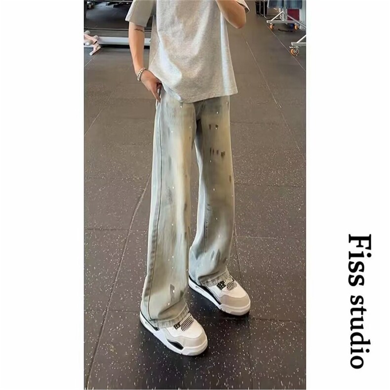 泼墨迷彩直筒牛仔裤男美式高街直筒微喇裤网图N2126-P48,男装牛仔裤,星座1001-1