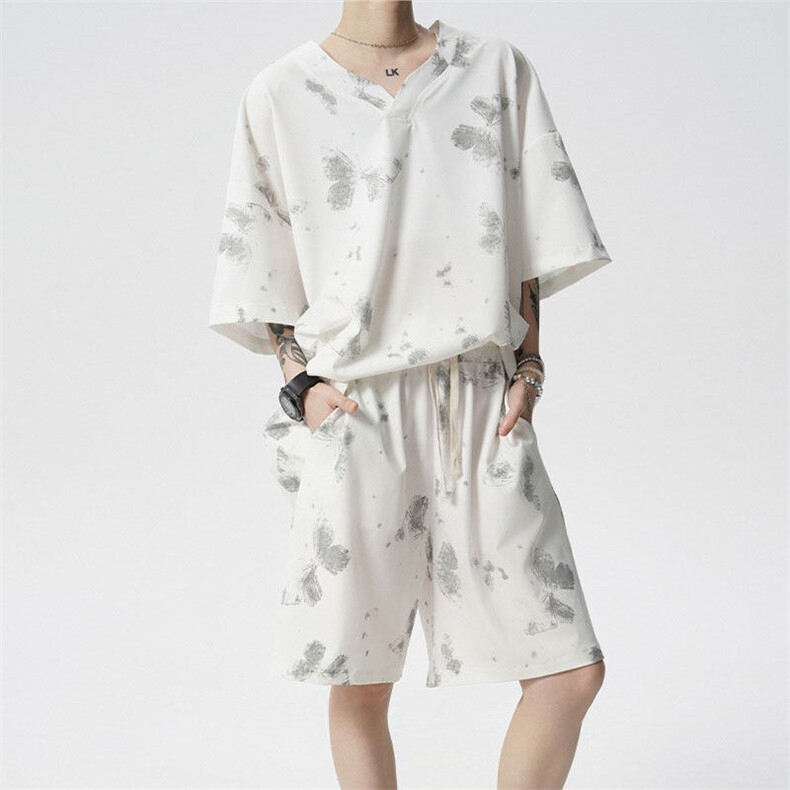 TZ786-特批55控98夏季新款扎染冰丝速干大码短袖短裤T恤套装，男装休闲套装，电商A059