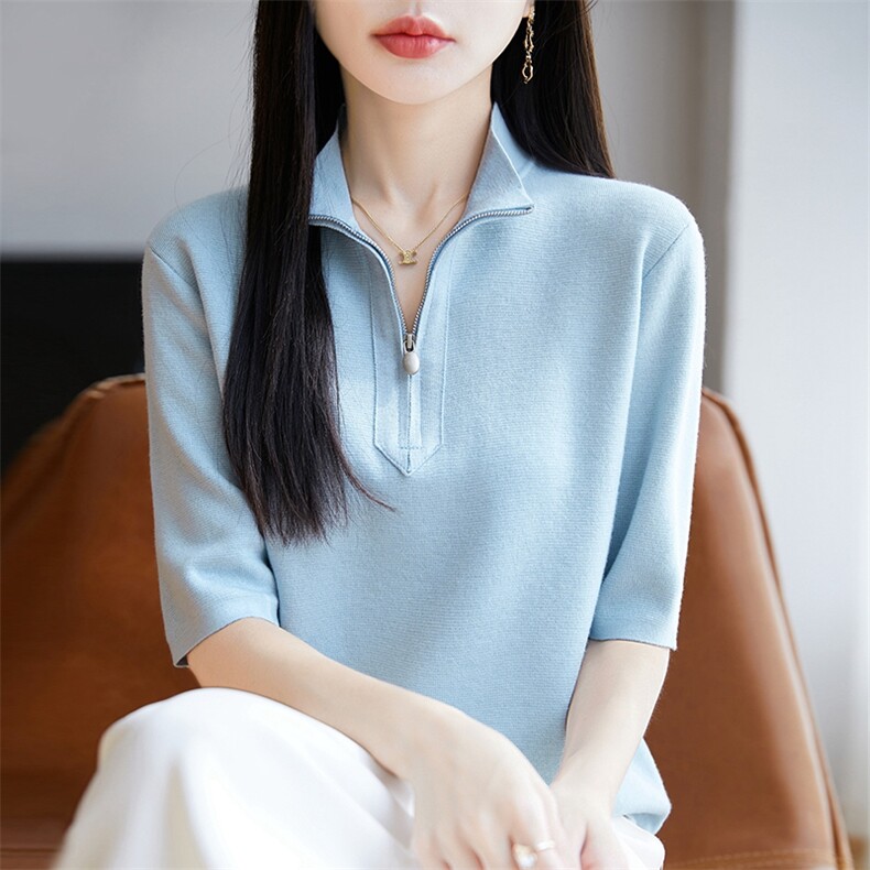 拉链半开领时尚显瘦五分袖夏季薄韩版百搭T恤宽松气质半袖,女装T恤,暖烁羊绒