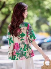 时尚翻领天丝棉麻短袖衬衫女2025夏新款宽松显瘦洋气印花衬衣小衫，女装衬衫，涵墨