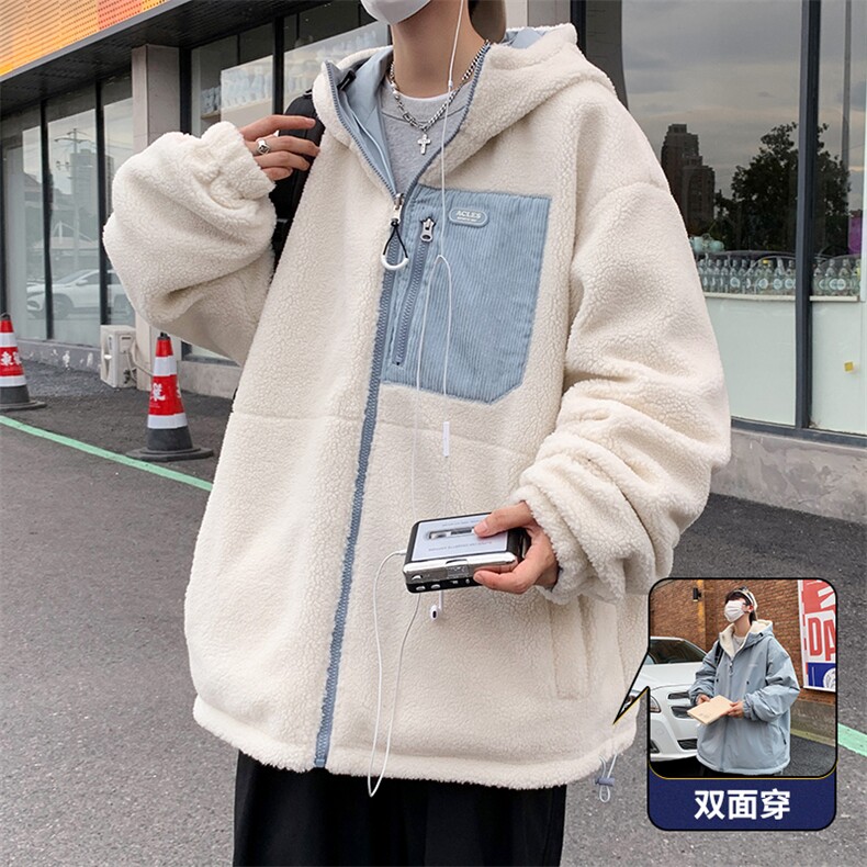 冬季新款羊羔绒加厚棉衣双面穿港风宽松连帽时尚百搭MY9300P110,男装棉衣,电商A128